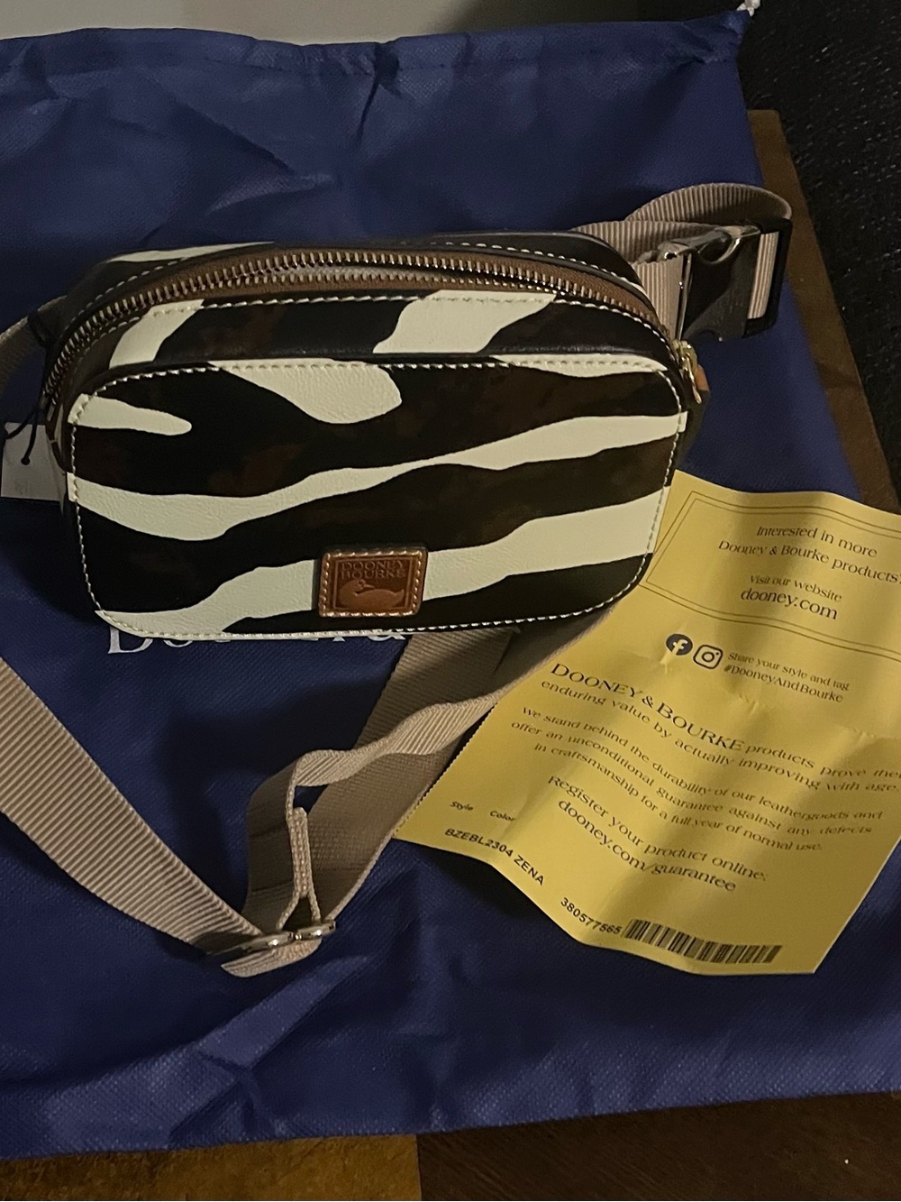 Dooney & Bourke Zebra-Print Belt Bag in Cream and Brown with Tan Strap - Picture 6 of 7